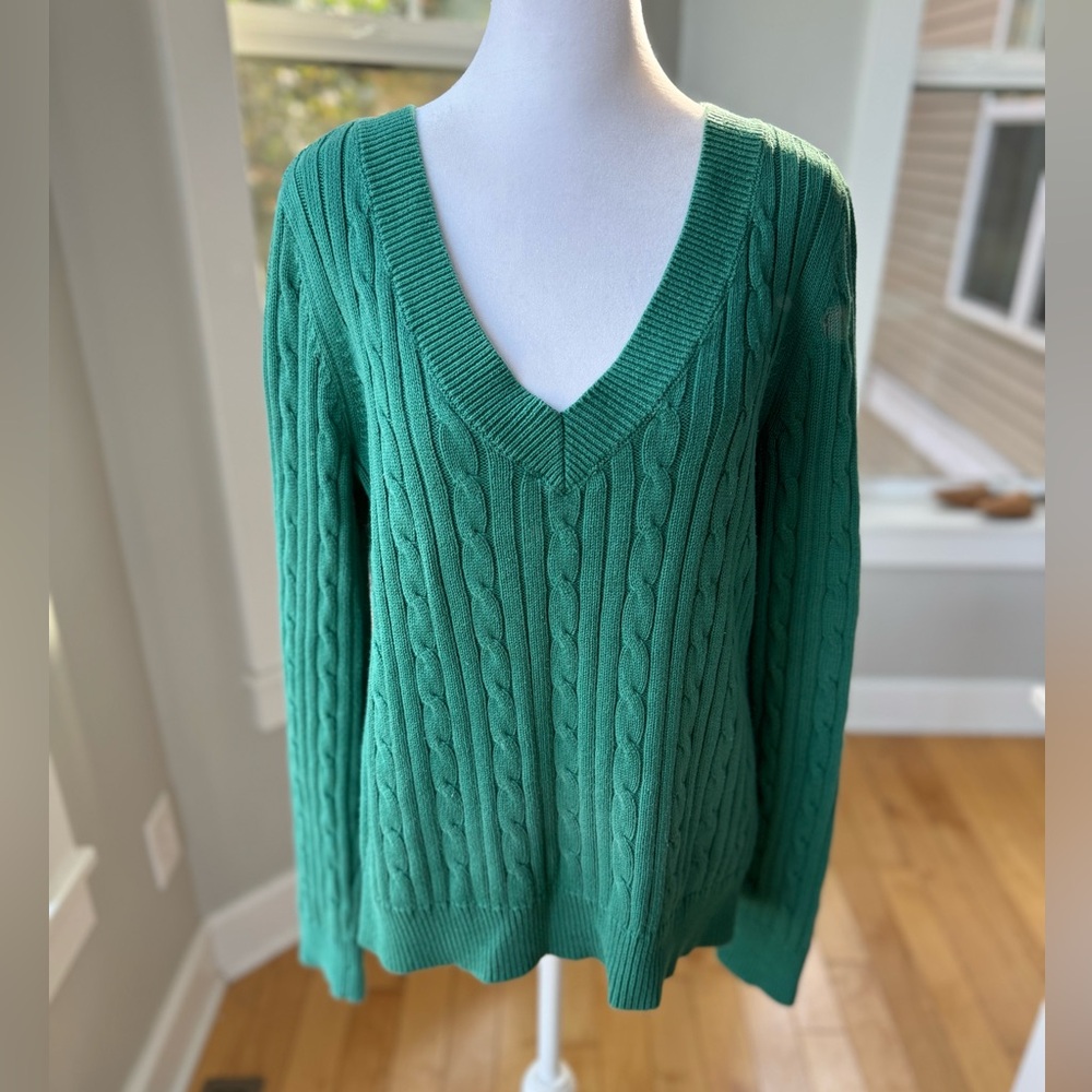 CHAPS Teal Green V Neck Cable Knit Sweater 100% Cotton Size Medium Vintage
